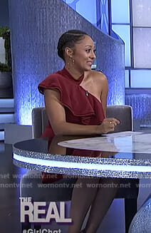 Tamera's red one off-shoulder ruffled dress on The Real