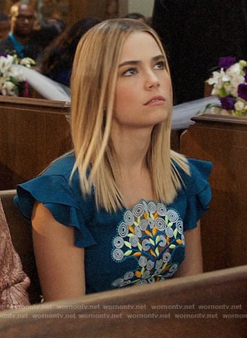 Anna's teal blue dress with embroidered front on The Mindy Project