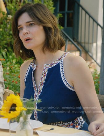 Heather's navy embroidered trim dress on Life in Pieces