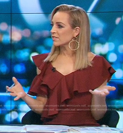 Carrie's red cold shoulder ruffle dress on The Project