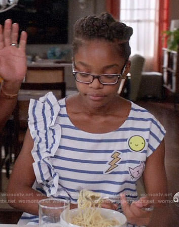Diane's blue striped ruffle top with patches on Black-ish