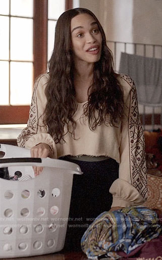 Erica's cropped embroidered sleeve sweatshirt on Last Man on Earth