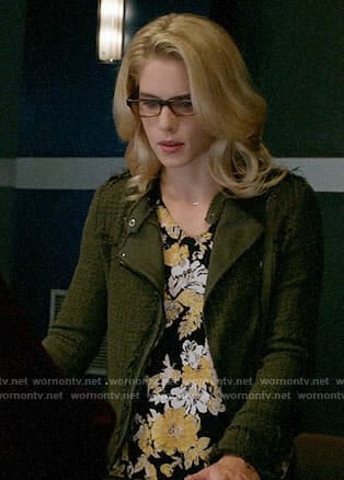 Felicity's floral top and green tweed jacket on Arrow