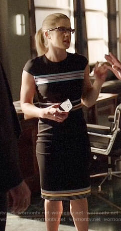 Felicity's black dress with multi-colored stripes on Arrow