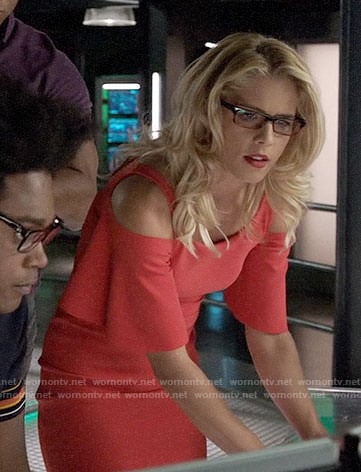 Felicity's coral cold-shoulder dress on Arrow
