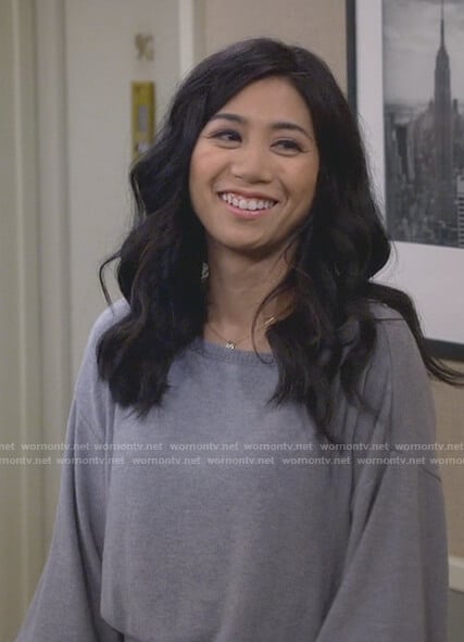 Eve's gray boat neck ribbed hem sweater on 9JKL