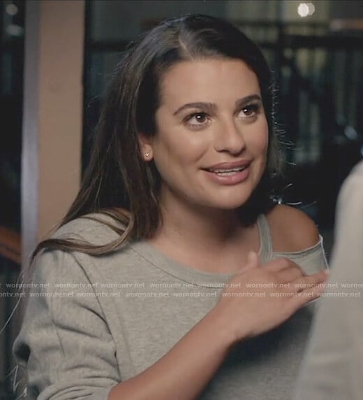 Valentina's grey shoulder cutout top on The Mayor