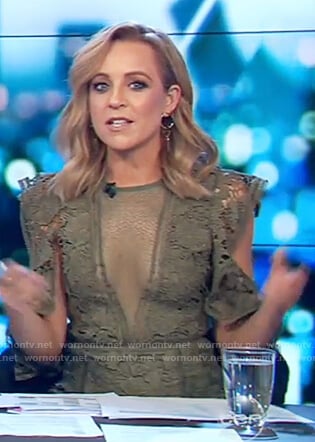 Carrie's green floral lace dress on The Project