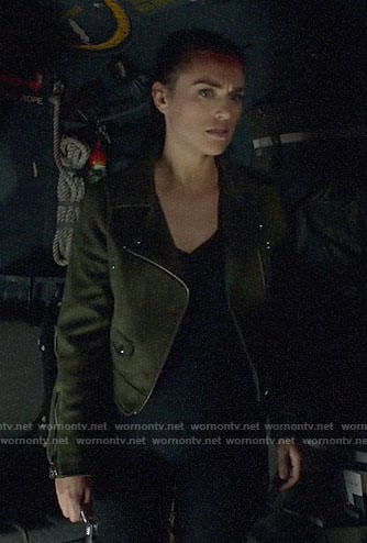 Lena's green suede moto jacket on Supergirl