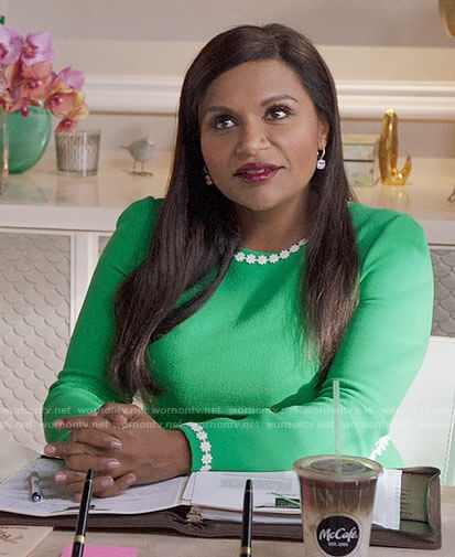 Mindy's green daisy trim dress on The Mindy Project
