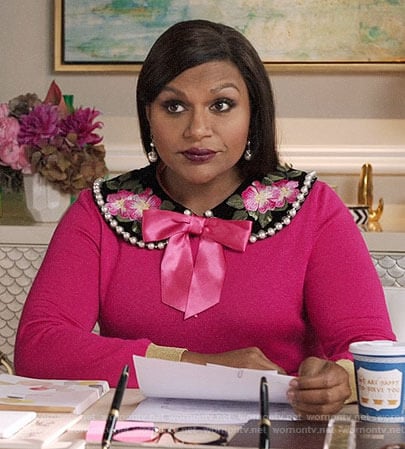 Mindy's pink sweater with floral pearl trim collar on The Mindy Project