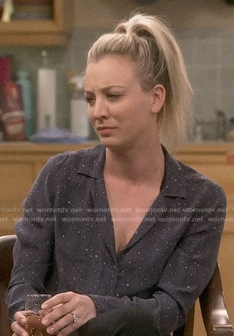 Penny's navy printed button down shirt on The Big Bang Theory