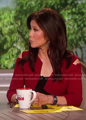 Julie's red cold shoulder asymmetric dress on The Talk