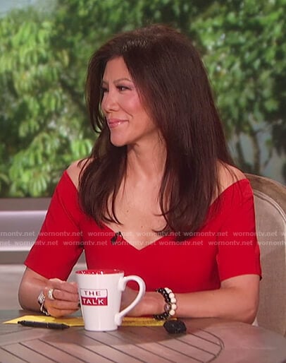 Julie's red off shoulder peplum hem dress on The Talk