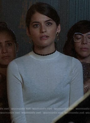 Sabrina' sweater with black scalloped trim on The Mick