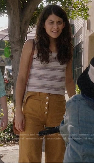 Sabrina's striped button-back top and mustard wide-leg pants on The Mick