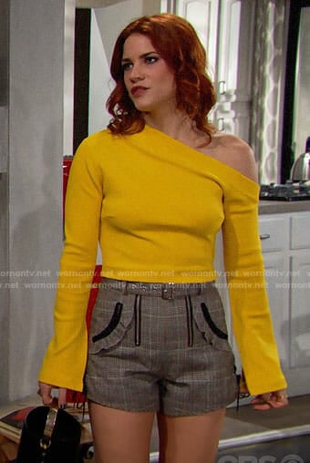 Sally's yellow off-shoulder top and plaid shorts on The Bold and the Beautiful