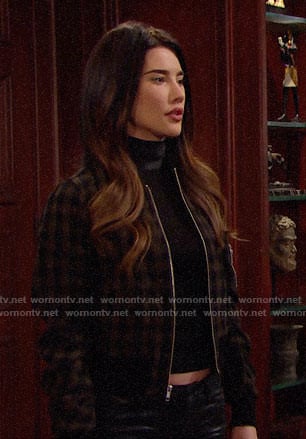 Steffy's black leather neck top and checked bomber jacket on The Bold and the Beautiful