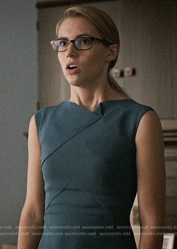 Stevie's teal blue folded neck dress on Madam Secretary
