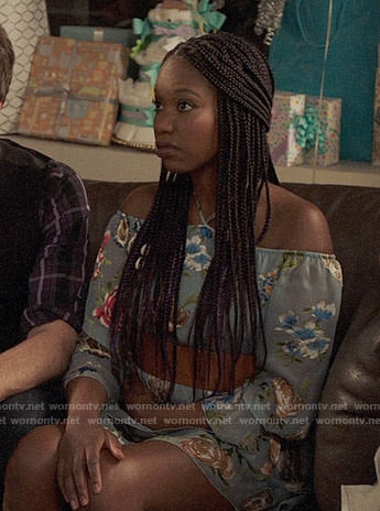 Tamra's blue floral halterneck dress on The Mindy Project