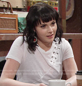 Tessa's white tee with lace-up shoulder on The Young and the Restless