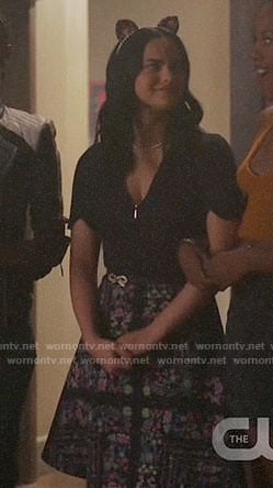 Veronica's black zip-front dress with floral skirt on Riverdale