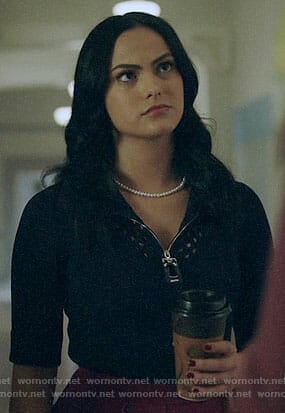 Veronica's navy zip neck sweater with eyelets on Riverdale
