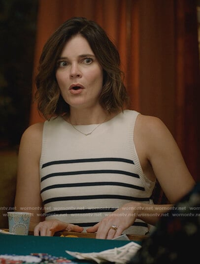 Heather's white striped side button top on Life in Pieces