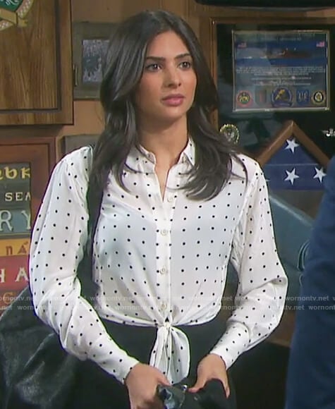 Gabi's white polka dot tie waist top on Days of Our Lives