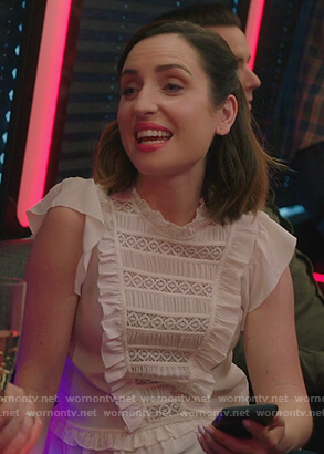 Jen's white ruffle lace inset top on Life in Pieces