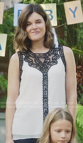Heather's white sleeveless lace inset top on Life in Pieces