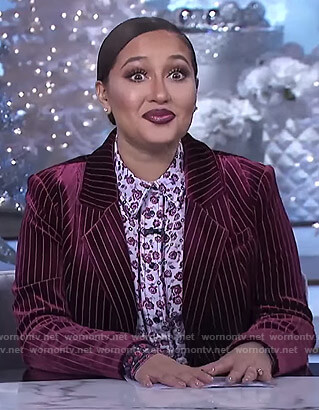 Adrienne's white floral shirt and red velvet blazer on The Real