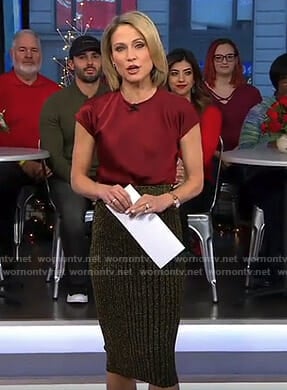 Amy's red satin top and metallic striped skirt on Good Morning America