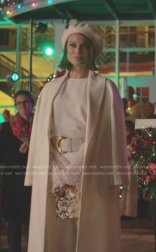 Cristal's white lace bell sleeve top and coat on Dynasty