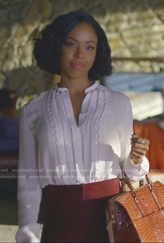 Kori Rucks's white pleated blouse with pearls on Dynasty