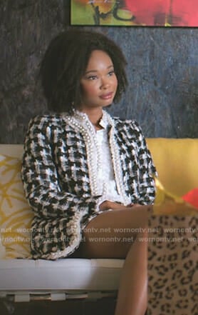 Monica's white pearl blouse and checked tweed jacket on Dynasty