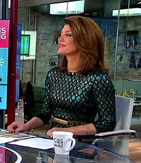 Norah's green and gold metallic dress with belt on CBS This Morning