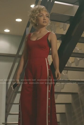 Star's red side snap button jumpsuit on Star