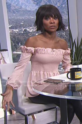 Zuri's pink smocked off-shoulder top on E! News Daily Pop