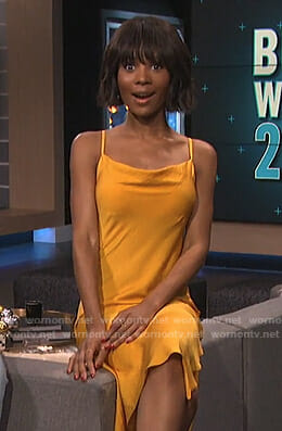 Zuri's yellow satin slit dress on E! News