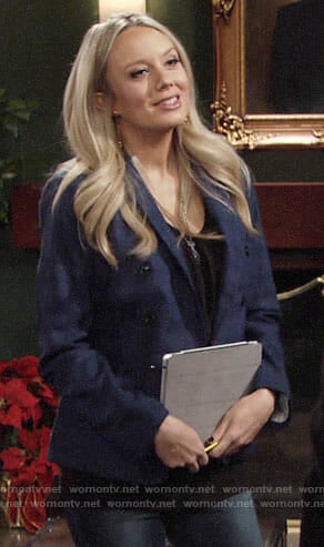 Abby's blue plaid double-breasted blazer on The Young and the Restless