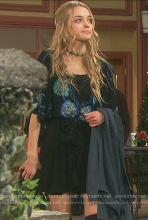 Claire's black floral embroidered dress on Days of our Lives