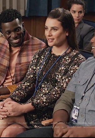 Valentina's black floral print dress on The Mayor