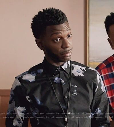 Jermaine's black floral print shirt on The Mayor