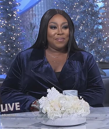 Loni's navy velvet moto jacket on The Real