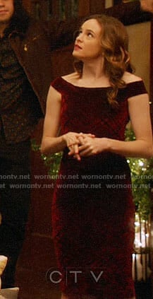 Caitlin's red velvet off-shoulder dress on The Flash