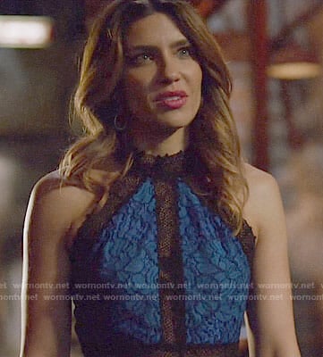Dina's blue lace high neck dress on Arrow