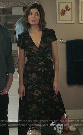 Heather's black floral print wrap dress on Life in Pieces