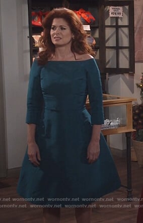 Grace's green off shoulder belted dress on Will and Grace