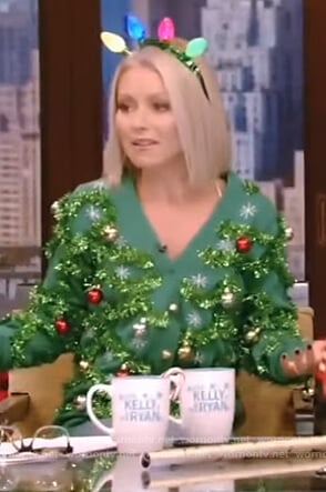 Kelly's green ornament christmas sweater on Live with Kelly and Ryan